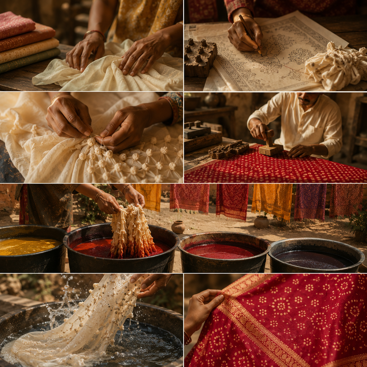 Natural dye vats and freshly dyed fabric drying