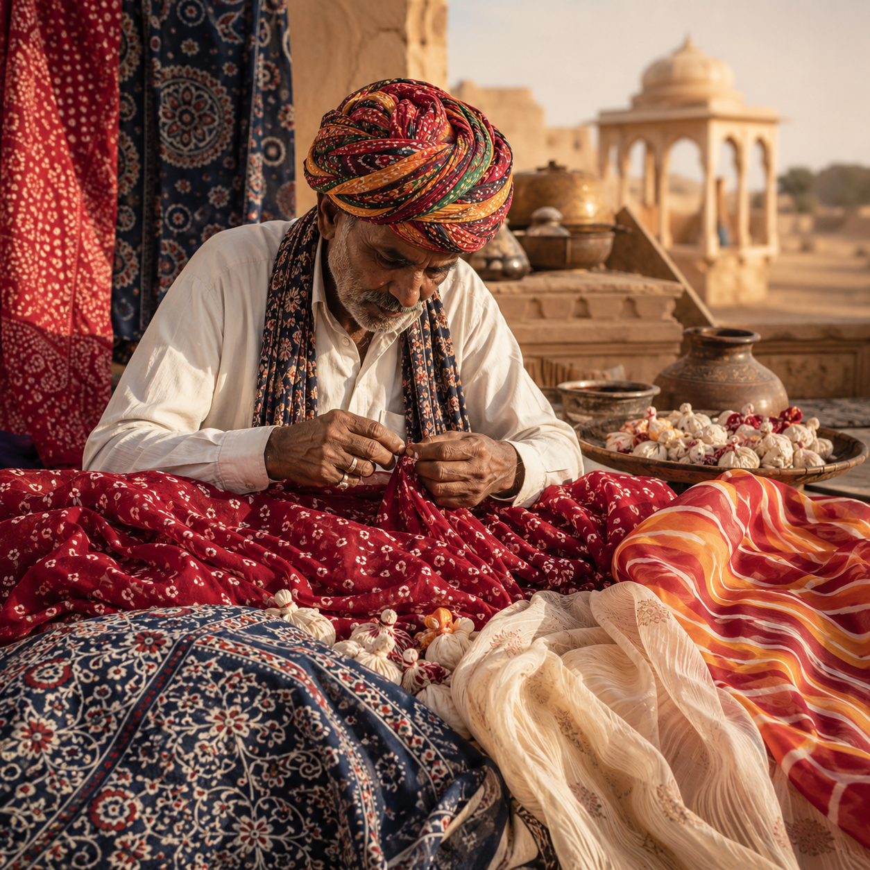 An artisan's table: bandhani silk half still tied in knots and half opened into pattern, a hand-carved printing block, bowls of natural dye and a spool of tying thread
